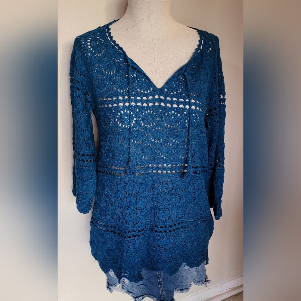 Blue Crochet Boho Top 3/4 Sleeves